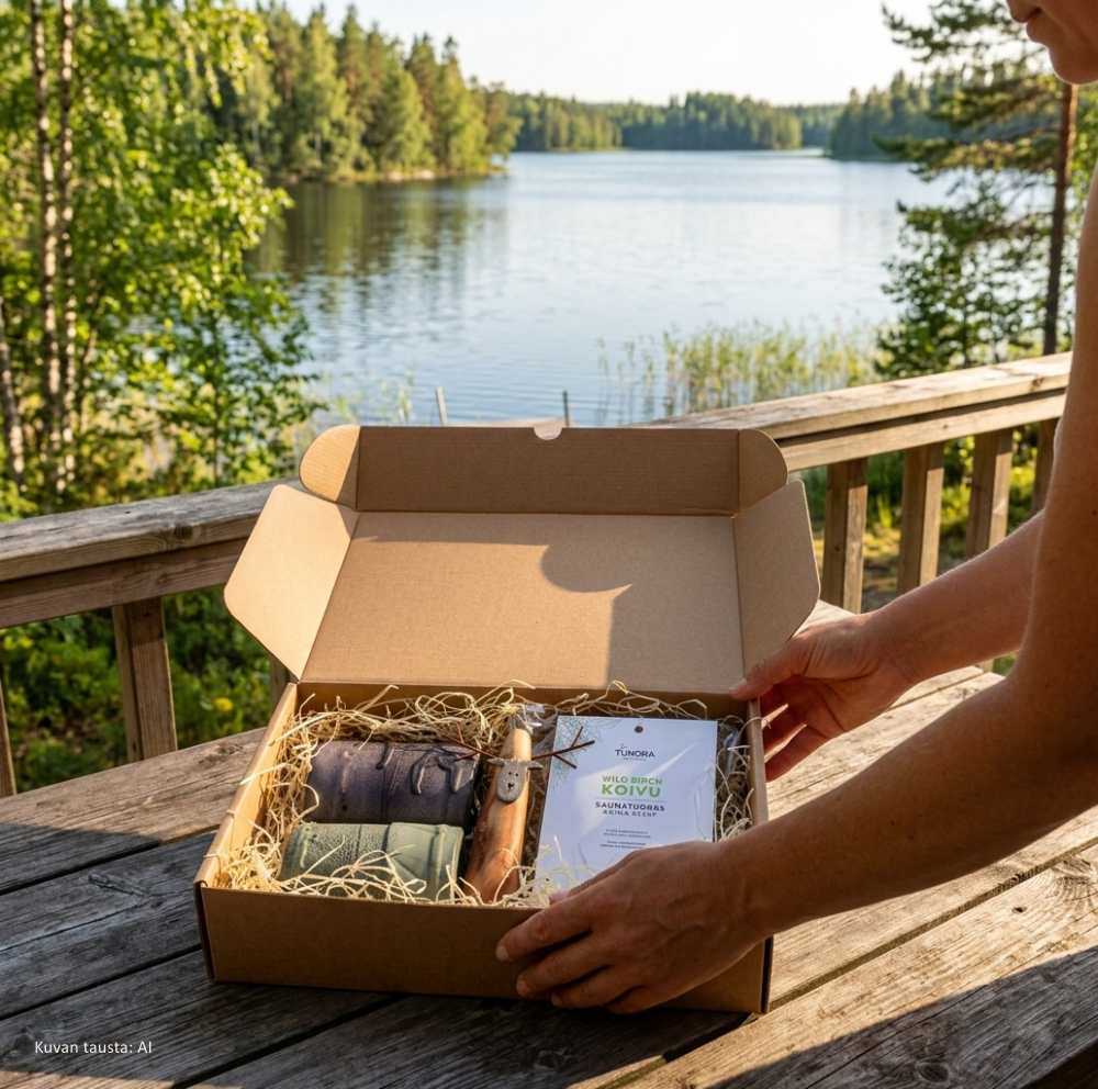 Tuoksuva tervakynttilä lahjapaketti kesätuliaiseksi mökille