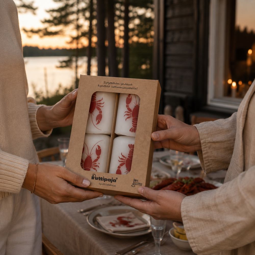 Raputeemainen pöytäkynttiläpakkaus emäntälahjaksi