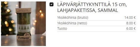 Läpivärjätty sammaleen vihreä kynttilä joululahjaksi.