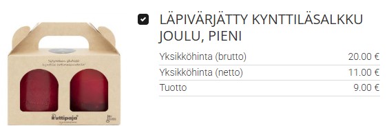 Kaksi punaista kynttilää valmiissa lahjalaatikossa joulun viettoon.