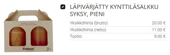 Syksyn upeissa sävyissä olevat läpivärjätyt kynttilät valmiissa lahjapakkauksessa