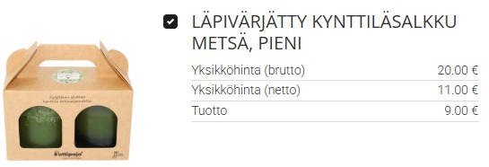Kotimaiset vihreät läpivärjätyt kynttilät kartonkisessa lahjapakkauksessa