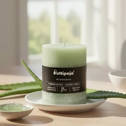 Puttipajan tuoksukynttilä aloevera lautasella, vihreä kynttilä, aloe veran lehtiä ympärillä. - Tuoksukynttilät - 20004331 - 1