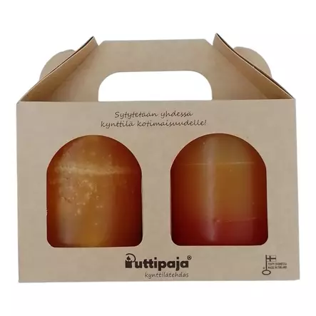 Läpivärjätyt kynttilät lahjapakkauksessa 10 cm, SYKSY (viljapeltoraita ja okra) - Läpivärjätyt kynttilät - 85-7961 - 1