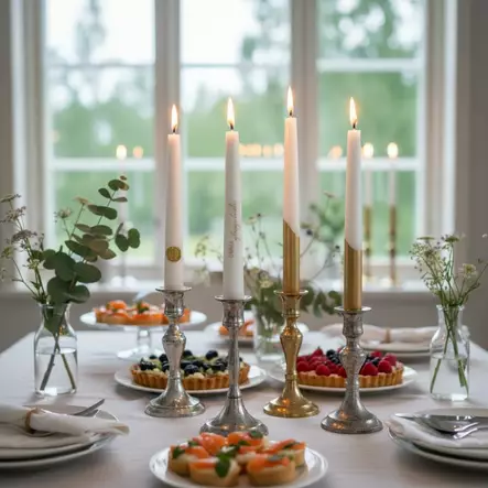 Lajitelma ylioppilaskynttilöitä ylioppilasjuhlien kattaukseen ja juhlakattauksen yksityiskohdaksi, käsintehty Puttipajalla. - Ylioppilaskynttilät - 29010-41-1 - 1