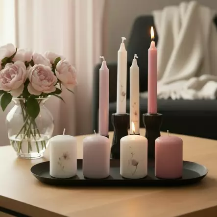 Pöytäkynttiläpakkaus 4 kpl – Hento kukkateema (roosa & laventeli) - Mietelausekynttilät - 27112-ke-8551-1 - 2