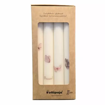 Siirtokuvakruunukynttilät, Onnea! perhoskuvio, 4 kpl/pkt - Onnittelukynttilät - 29013-ke-0101-1 - 2