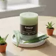 Puttipajan tuoksukynttilä aloevera lautasella, vihreä kynttilä, aloe veran lehtien ympärillä. - Tuoksukynttilät - 20004331 - 3