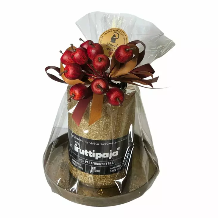 Lahjapaketti: Kultainen kynttilä metallialusella ja omenakoriste - Valmiit lahjapaketit - 79-4098647A-41 - 1