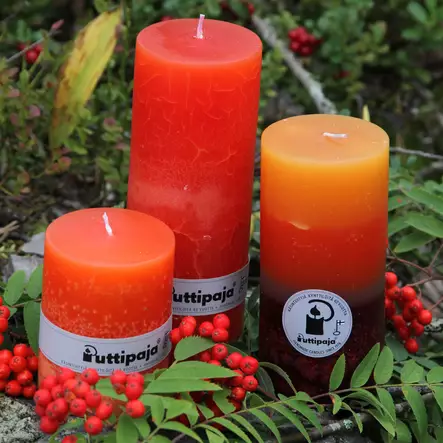Läpiv. PK 7x15cm, 3raita mandariini - Raidalliset pöytäkynttilät - 1670504-3 - 2