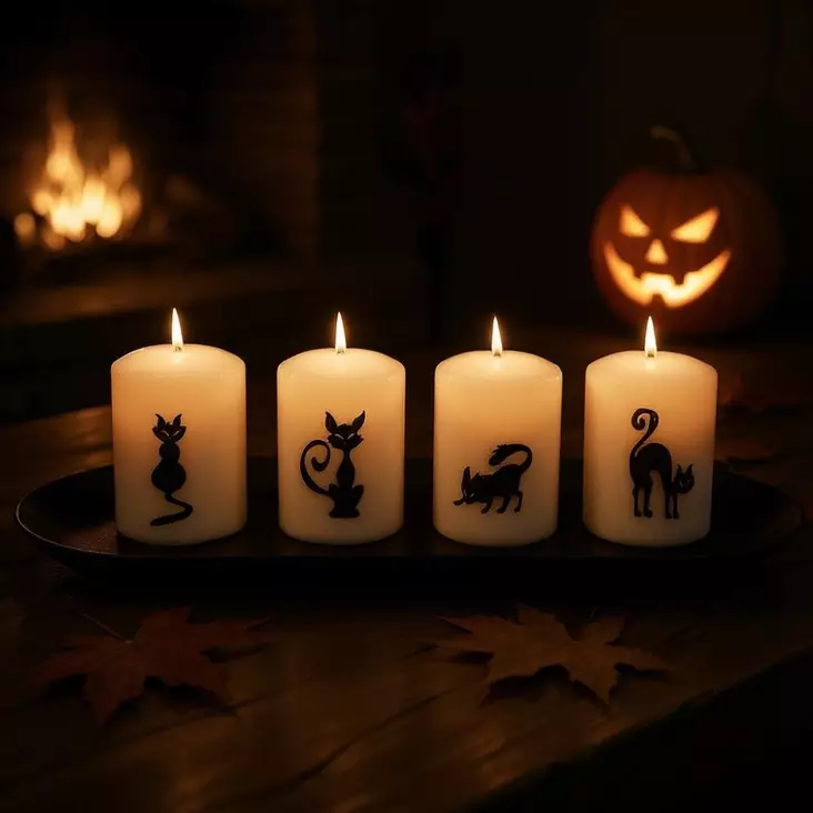 Halloween -pöytäkynttiläpaketti, kissat 4 kpl/pkt - Halloweenkynttilät - 27112-ha-32-4 - 1