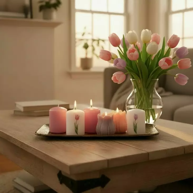 Lila&roosa tulppaanit -pöytäkynttilä pakkaus - Pääsiäiskynttilät - 27112-pa-2308-4 - 1