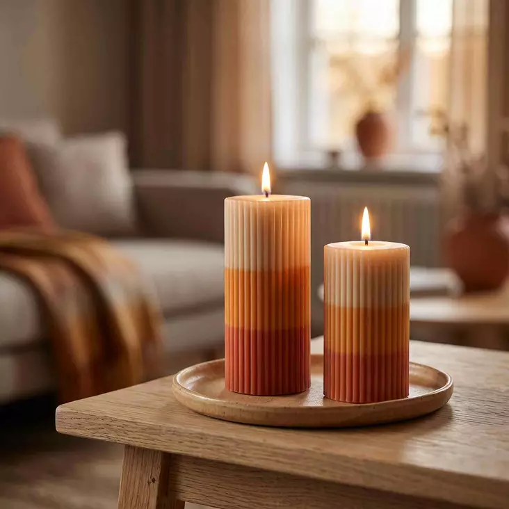 Dip dye raidallinen vekkikynttilä Okra – oranssi – terra - Dip dye -raitakynttilät - 14704v-041055 - 1