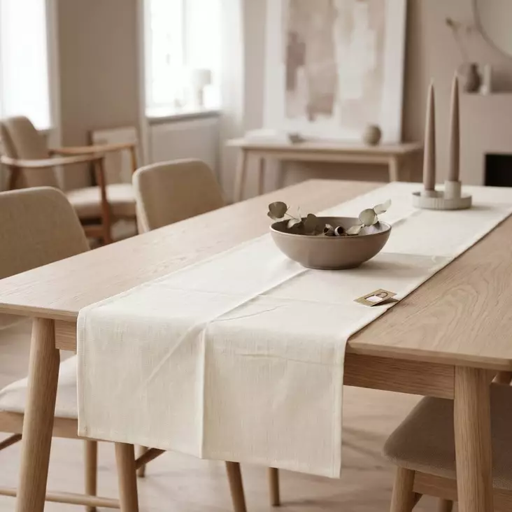 Kermanvärinen kangaskaitaliina aseteltuna ruokapöydälle. - Keittiötekstiilit - 442527 - 1