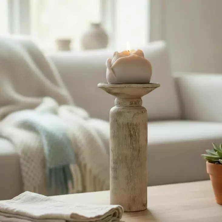 Korkea, puinen kynttilänjalka metalli alustalla 21 cm - Kynttilänjalat pöytäkynttilöille - 4096447 - 1