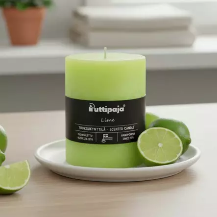 Lime-tuoksukynttila¨, jossa on musta tuotetarra. Kynttilä on asetettu valkoiselle lautaselle, ja sen ympärillä on tuoreita limen paloja - Tuoksukynttilät - 2000418 - 1