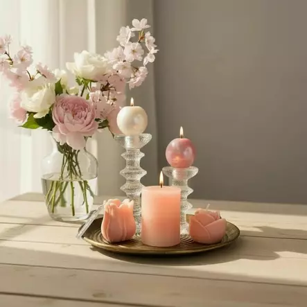 Raitakynttilä kerma-vaaleanpunainen 10 cm - Raidalliset pöytäkynttilät - 16704-0208 - 2