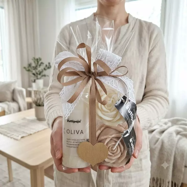 Lahjapakkaus Oliva-kynttilä ja soijavaha Ruusut, puuteri - Valmiit lahjapaketit - 80-27060-28 - 1