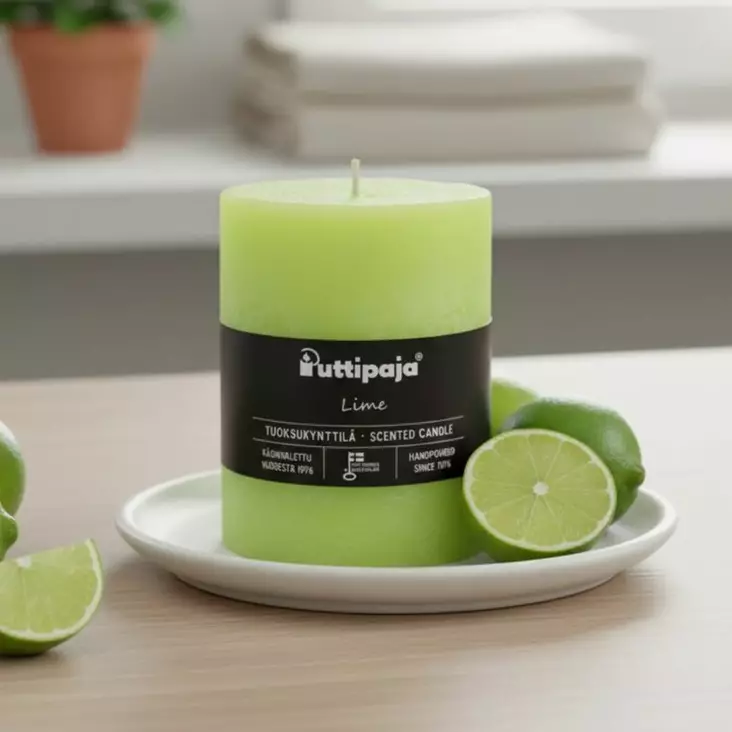 Lime-tuoksukynttila¨, jossa on musta tuotetarra. Kynttilä on asetettu valkoiselle lautaselle, ja sen ympärillä on tuoreita limen paloja - Tuoksukynttilät - 2000418 - 1