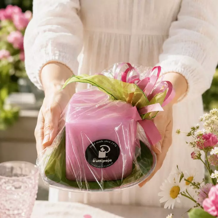 Pinkki sydänkynttilä vihreällä sydänalusella - Valmiit lahjapaketit - 7940272-14108 - 1