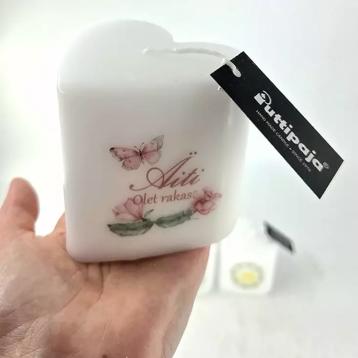 Sydänkynttilä – Äiti, olet rakas (vaaleanpunainen perhoskuvio ja kukat) - Äitienpäiväkynttilät - 2714108ai-ku-08 - 1