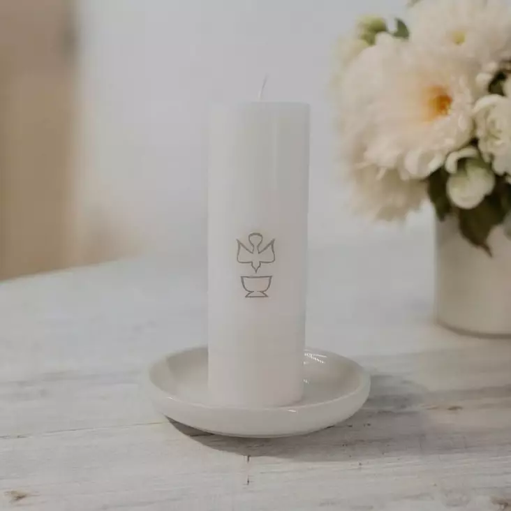 Oliva kastekynttilä 5x15 cm ja keraaminen alunen - Kastekynttilät - 79-2110401-9 - 1