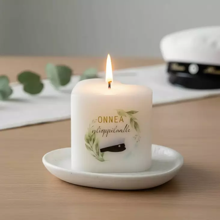 Onnittelukynttilä ylioppilaslakin kuvalla ja tekstillä 'Onnea ylioppilaalle!', sopii ylioppilasjuhlien juhlakattaukseen. - Ylioppilaskynttilät - 2714108YOLa - 1
