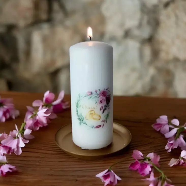 Onnittelukynttilä "Sormukset", pinkki 6x14 cm - Mietelausekynttilät - 2711215SOpi - 1