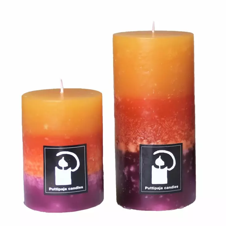 Raitakynttilä, Tyrni. - Raidalliset pöytäkynttilät - 1670404TY - 1